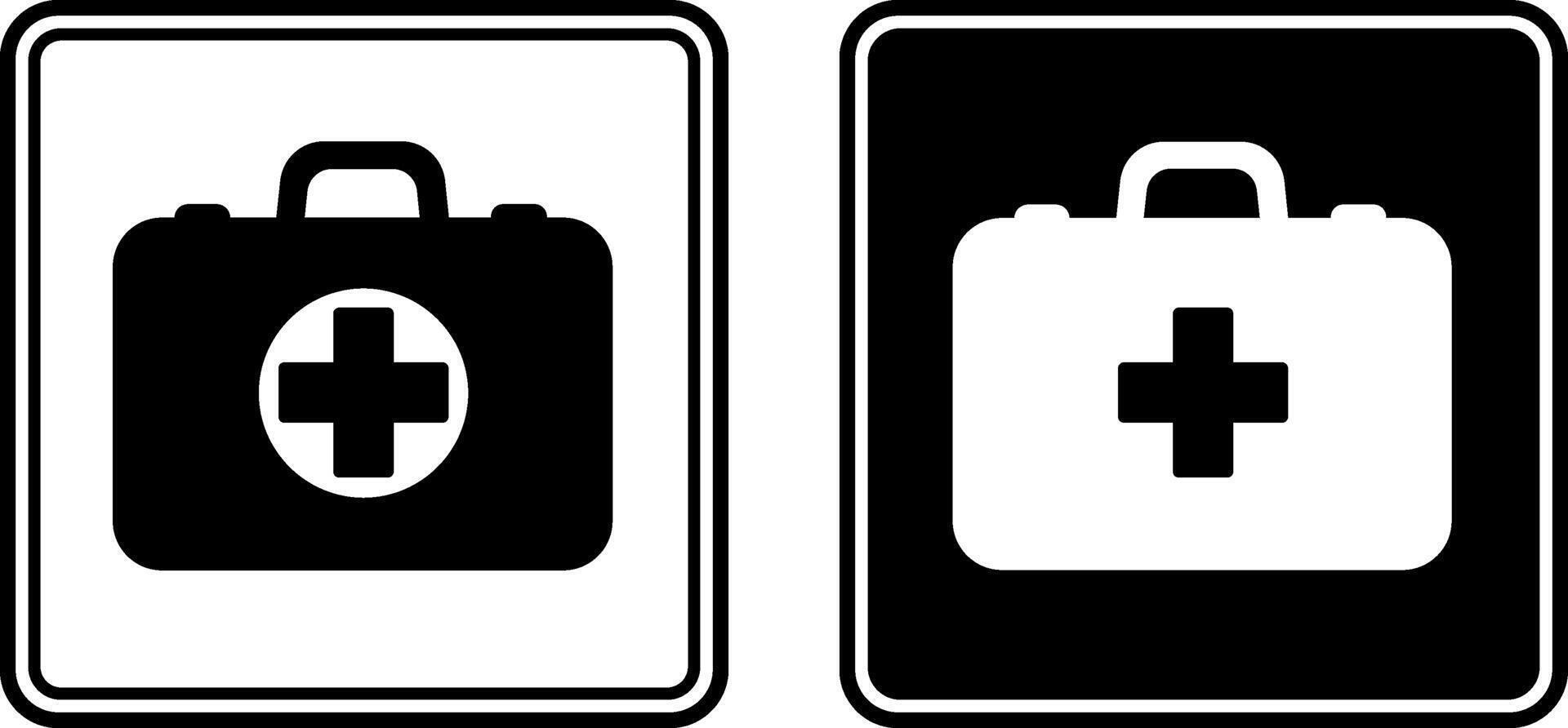Signs First Aid Kit. Black and White Icons. Emergency Medicine Sign. Doctor's Bag, Treating Sick Person vector