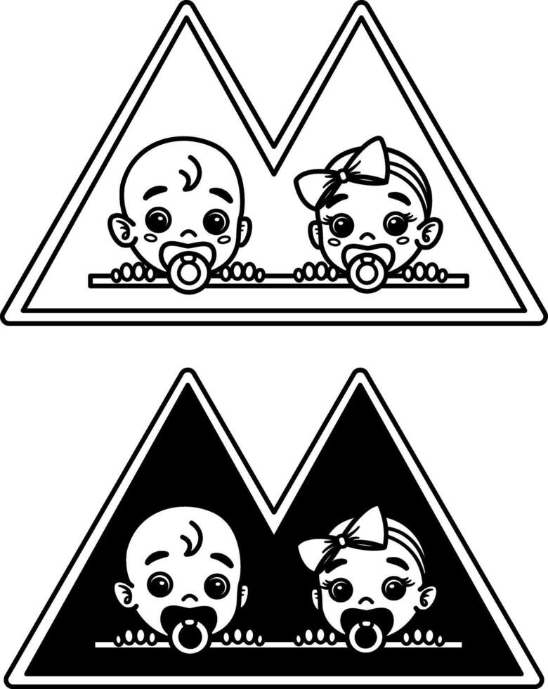 Signs Twins in Car. Black and White Icons. Warning Humorous Sign. Sticker for Car. There are Small Children in the Transport vector
