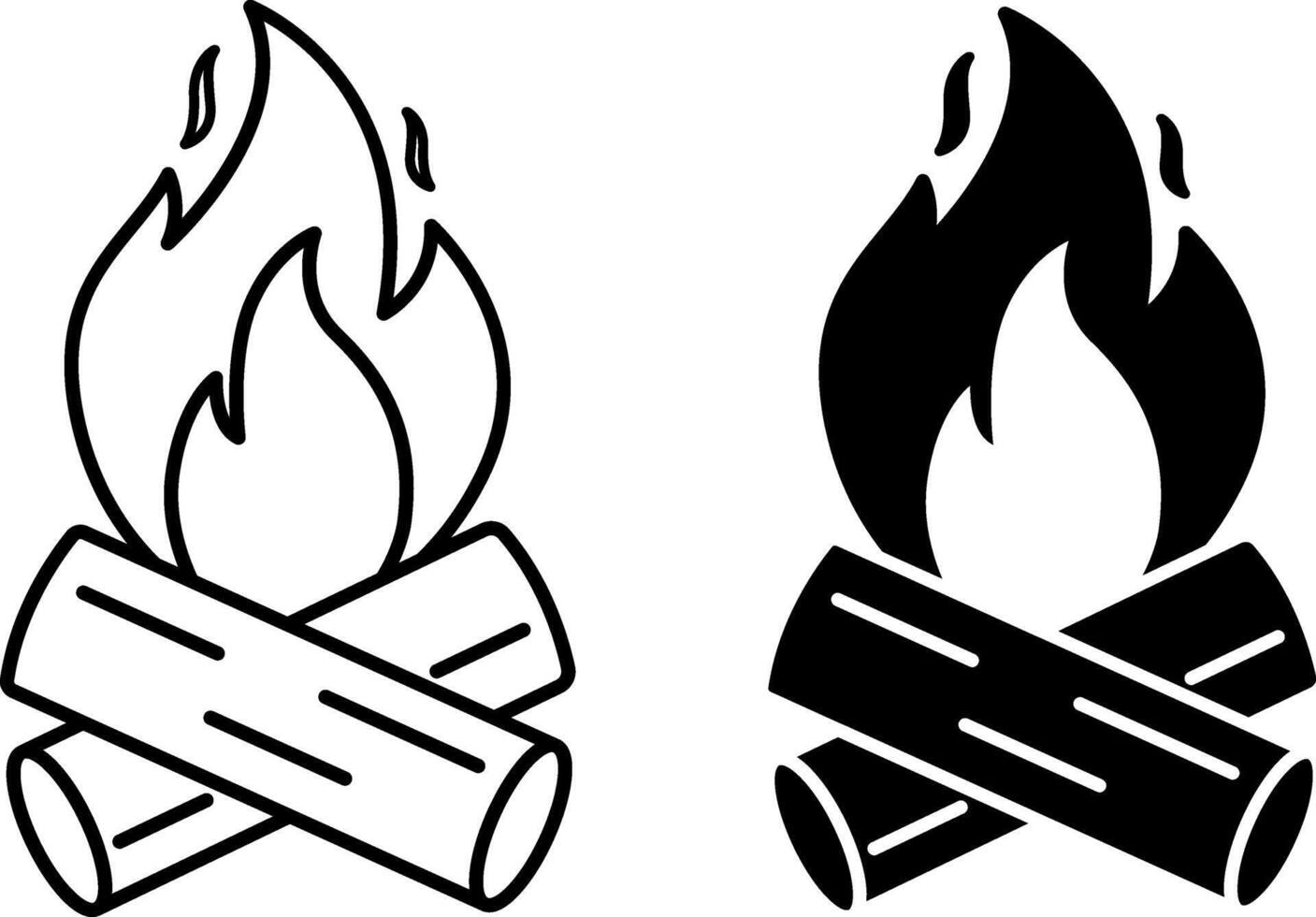 Campfire icons. Black and White Tourist Campfire Icons. Fire and Brushwood. Camping Concept vector