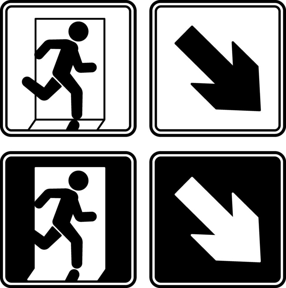 Emergency Exit Signs Pointing Down. Black and white icons. Warning sign. Man running to the door. Emergency evacuation symbol vector