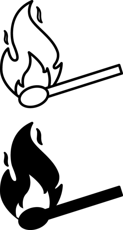 Icons Match. Black and White Icons of Burning Match. Danger Symbol and Flammable Object. Camping and Tourism Concept vector