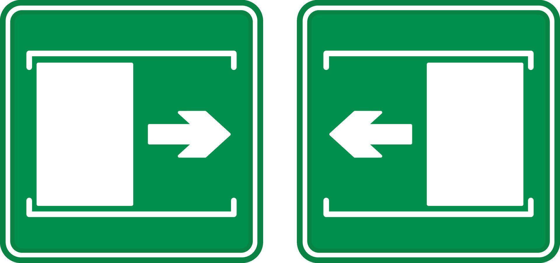Green Sign Door Sliding Right and Left. Warning Sign. The Door Slides Right To Open. Door Slides Left To Open vector