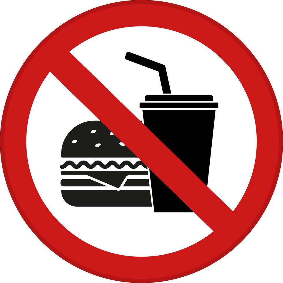 Red Sign No Food and Drinks Allowed. Prohibitory Round Sign. Hamburger and Drink with Straw. Do Not Take Food Products. Fast Food Prohibited vector
