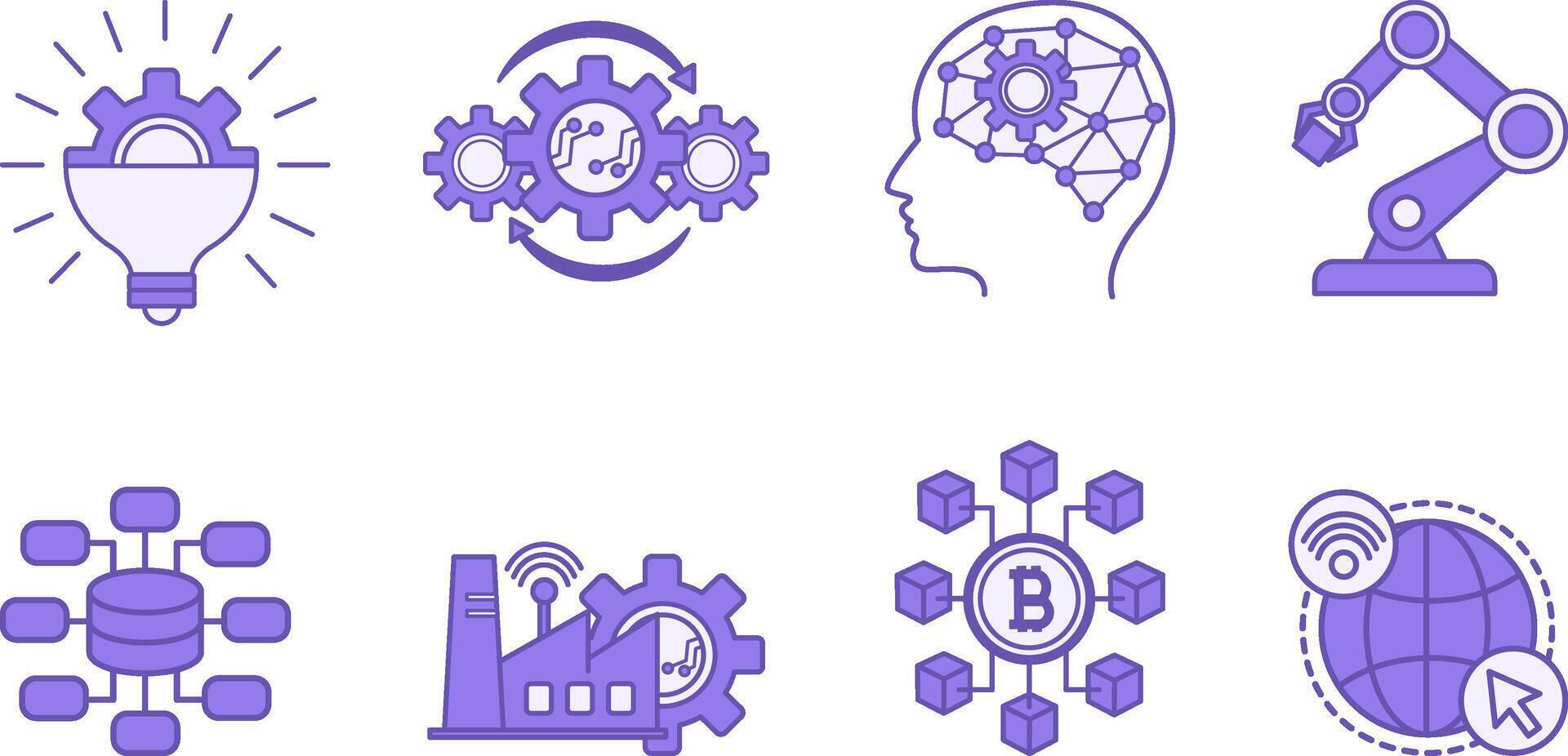 Colored Digital Revolution Icon Set. Icons of Innovation, Automation, Artificial Intelligence, Robotic, Big Data, Industry 4.0, Blockchain and Internet vector