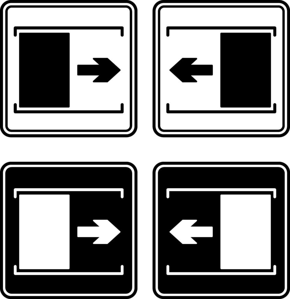 Signs Door Slide Right and Left. Black and White Icons. Warning Sign. The Door Slides Right To Open. Door Slides Left To Open vector