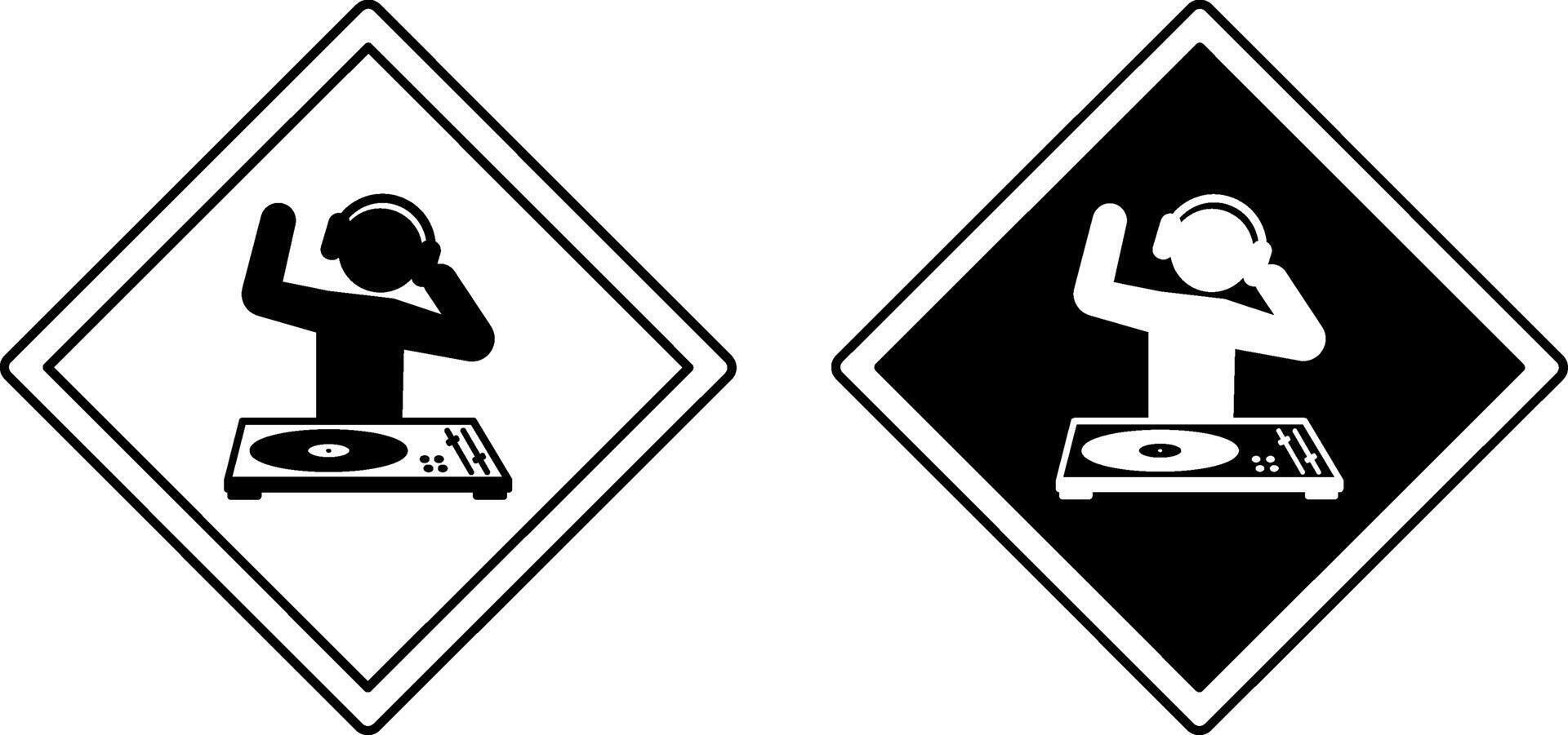 Caution DJ At Work Signs. Black and White Icons. Humorous Music Sign. Funny Sticker. DJ With Headphones Dancing and Playing on DJ Mixer vector