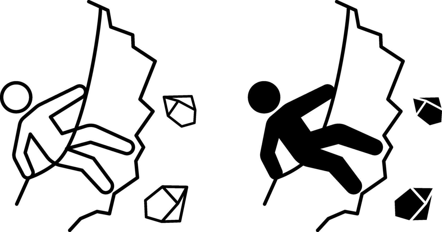Rock Climbing Icons. Black and White Icons. Man with Rope Climbing Rock or Climbing Wall. Sports and Leisure. Adventure and Tourism Concept vector