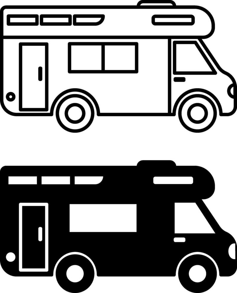 Recreational Vehicle icons. Black and White Caravan Icons. Motorhome, Vehicle, Van. Camping and Tourism Concept vector