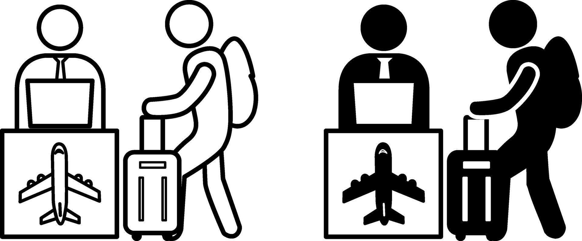 Registration icons. Black and White Icons. Tourist with Suitcase Checks in for the Flight. Travel and Vacation Concept vector