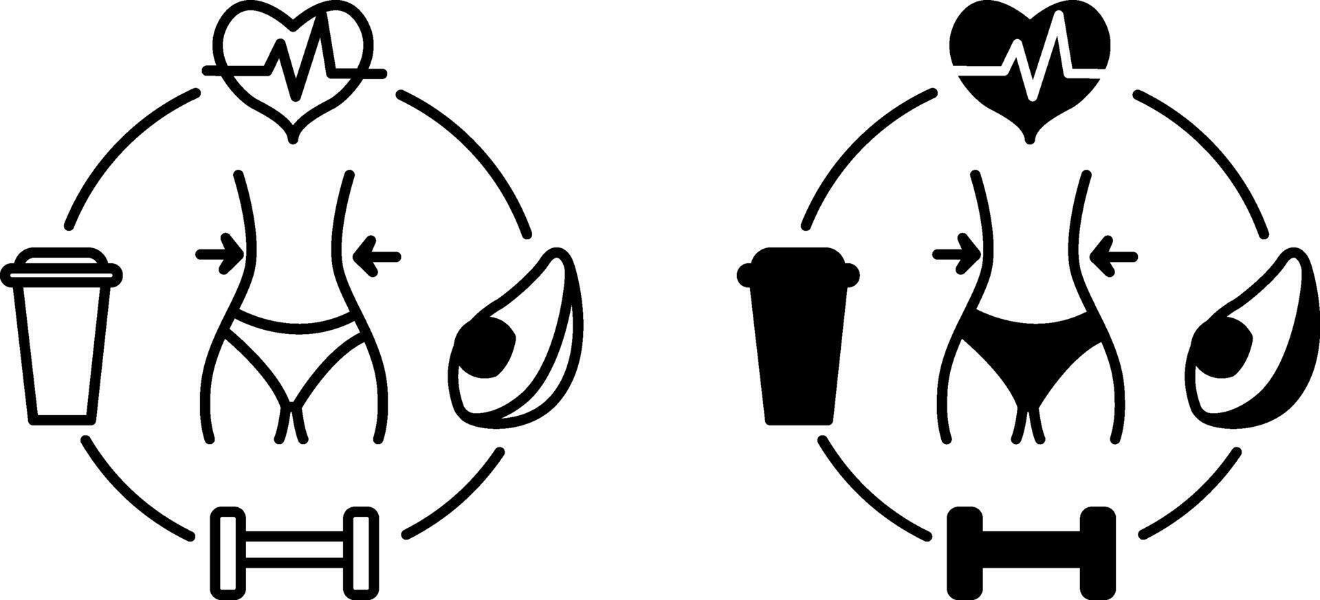 Healthy Lifestyle Icons. Black and White Icons. Slim Figure and Things Symbolizing Proper Nutrition, Water Balance, Sports, and Medical Examination vector