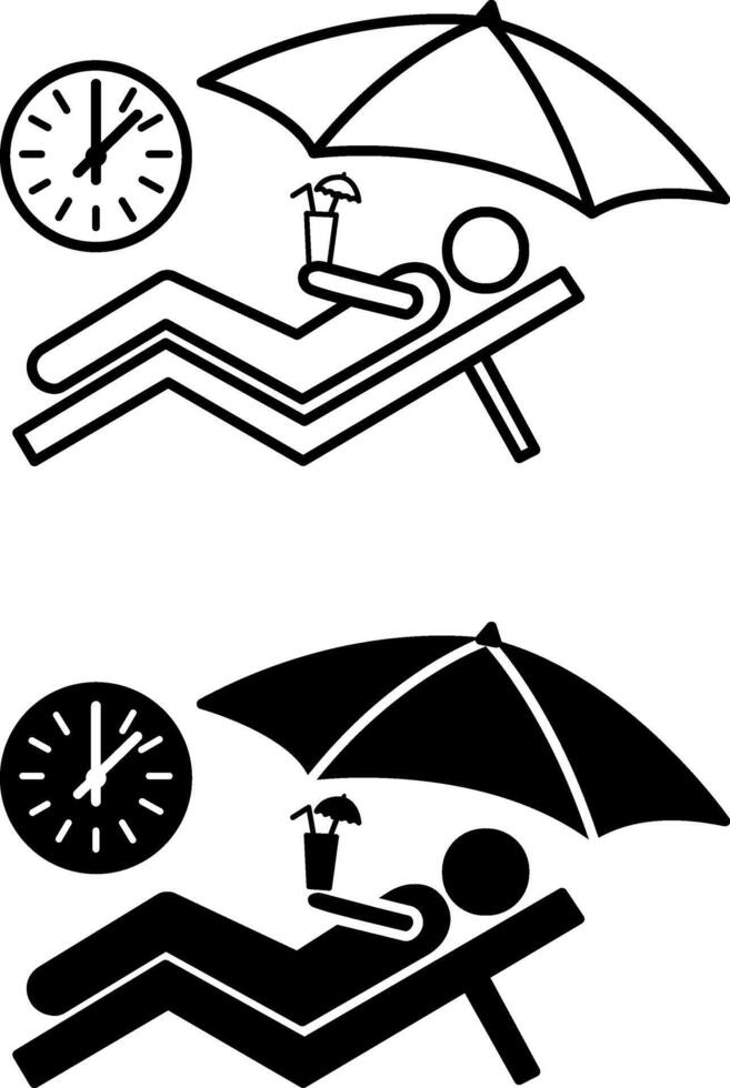 Vacation icons. Black and White Icons. Man Vacationing on a Deckchair with a Cocktail. Beach Umbrella and Clock. Travel Concept vector