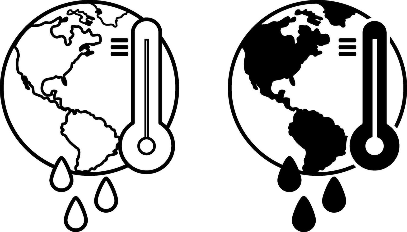 Global Warming icons. Black and White Icons. Planet, Rising Temperatures and Melting Glaciers. Ecology and Environmental Protection Concept vector