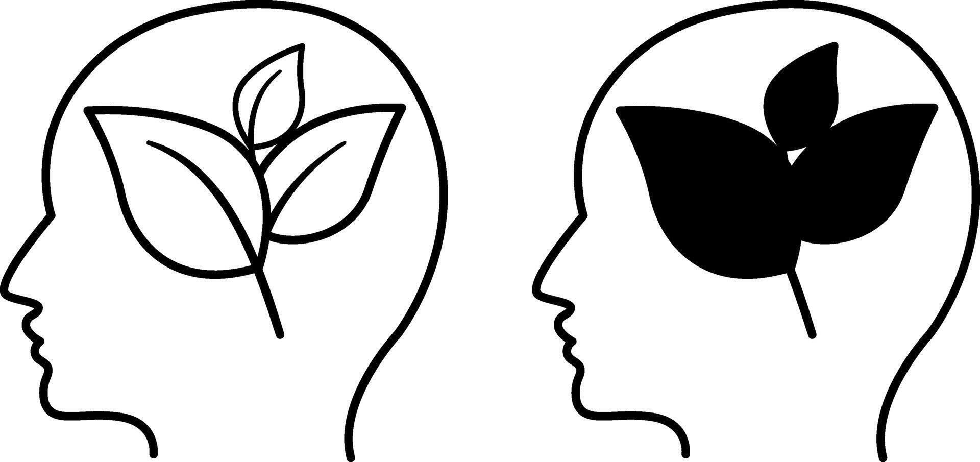 Think Green Icons. Black and White Icons. Young Plant and Human Head. Eco-Thinking and Environmental Protection Concept vector