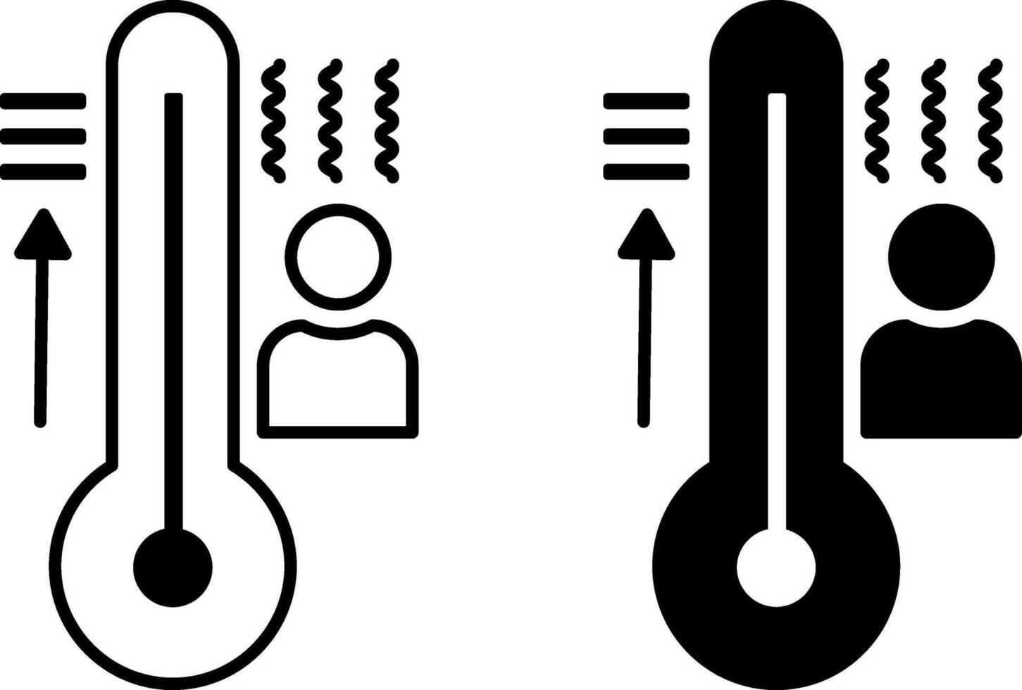 Hot Weather Icons. Black and White Icons. High Temperature on Thermometer and Man. Season. Summer Concept vector