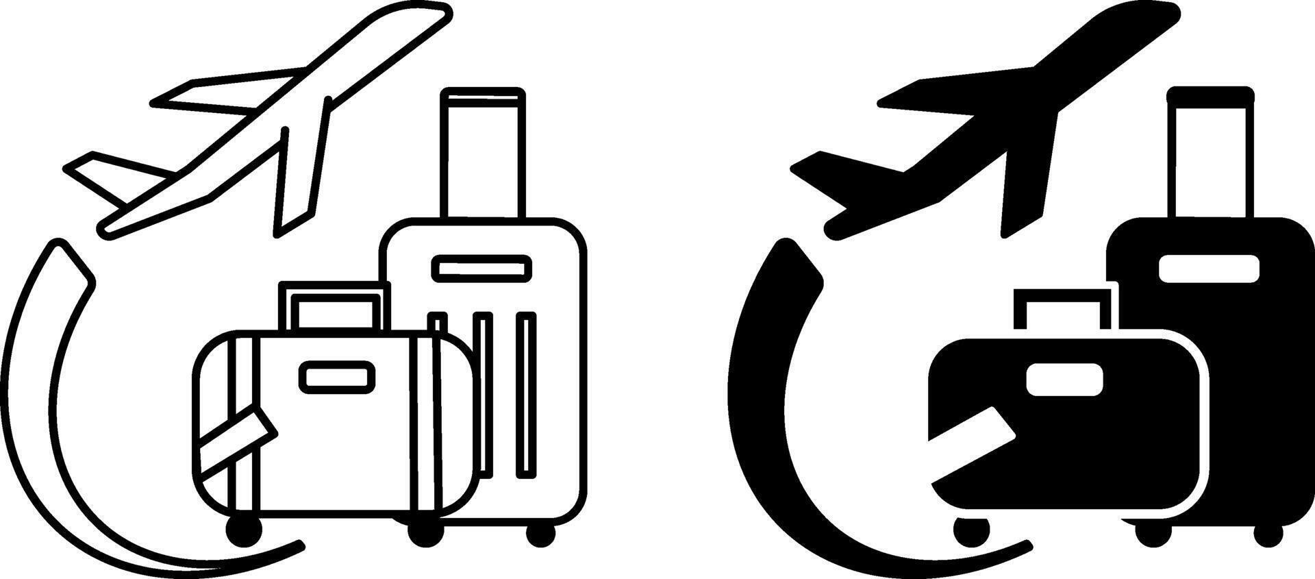 Voyage icons. Black and White Icons. Suitcases and Airplane Taking Off. Travel and Vacation Concept vector