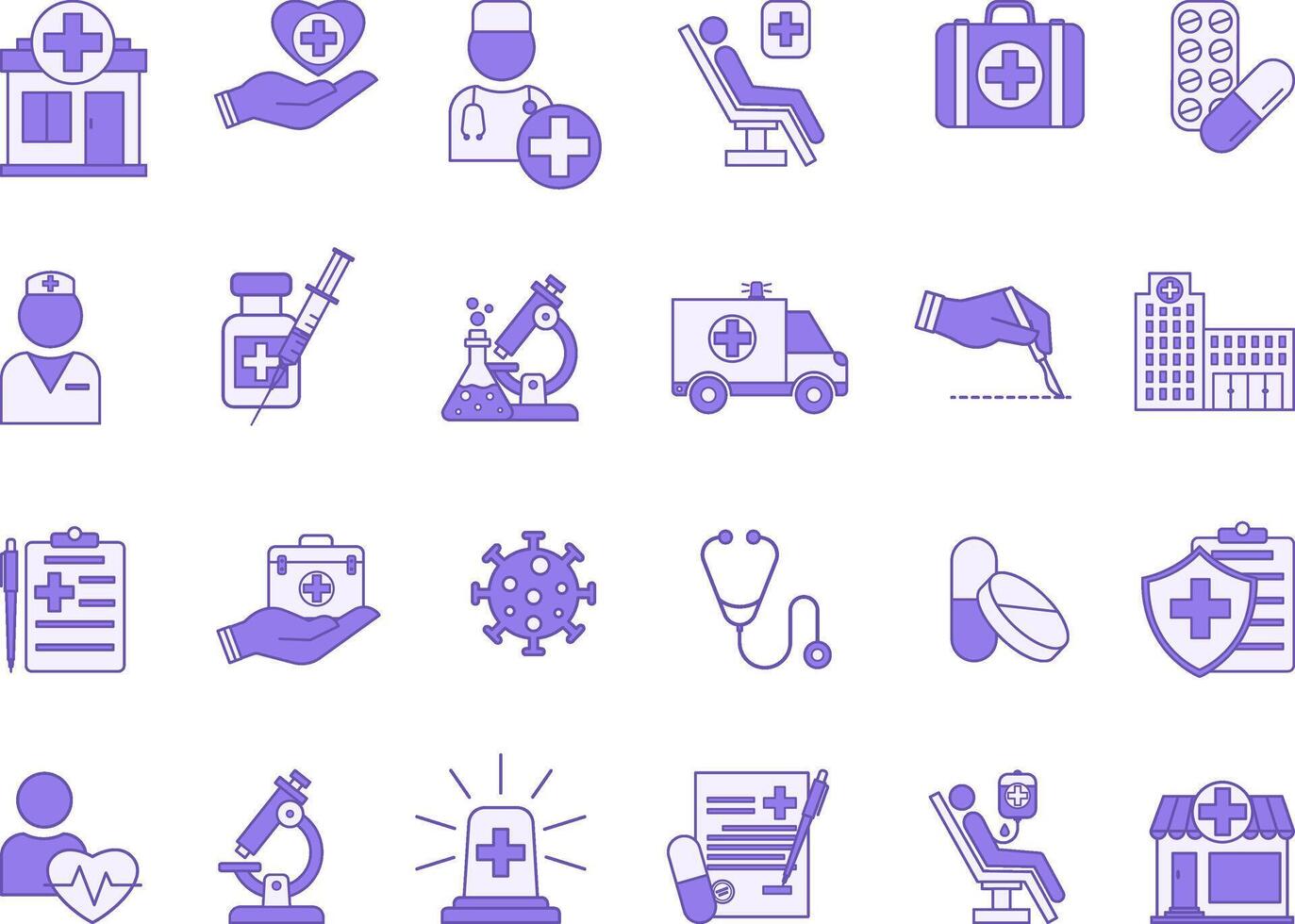 Colored Medical Icon Set. Icons of Healthcare, First Aid Kits, Doctor, Nurse, Vaccine, Virus, Emergency, Blood Transfusion, Surgery, Lab, Treatment and More vector