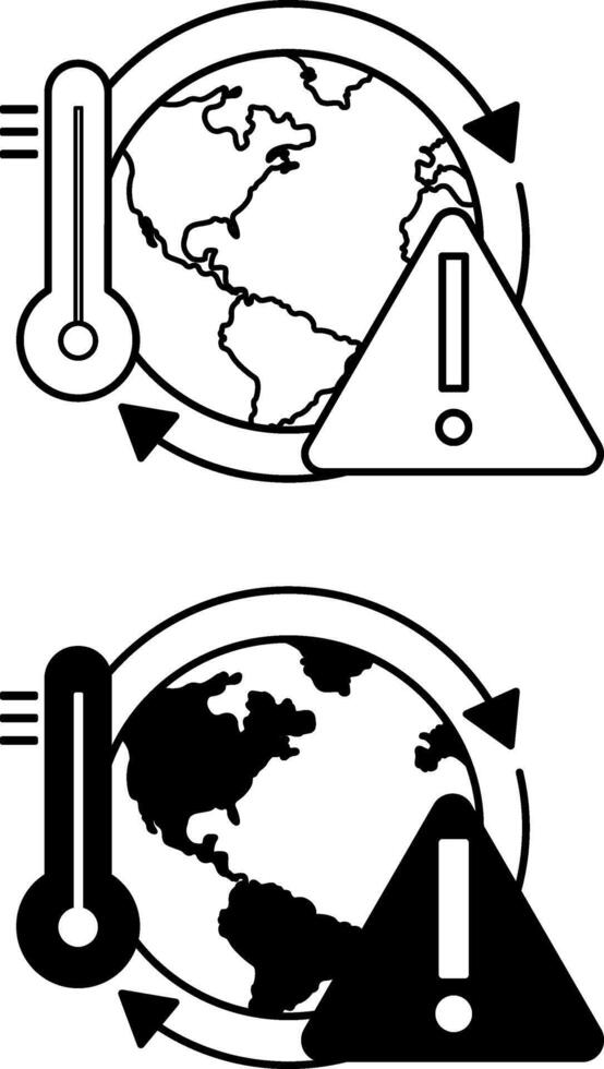 Climate Change Icons. Black and White Icons. Earth, Thermometer, and Danger Sign. Global Warming. Ecological Problem vector