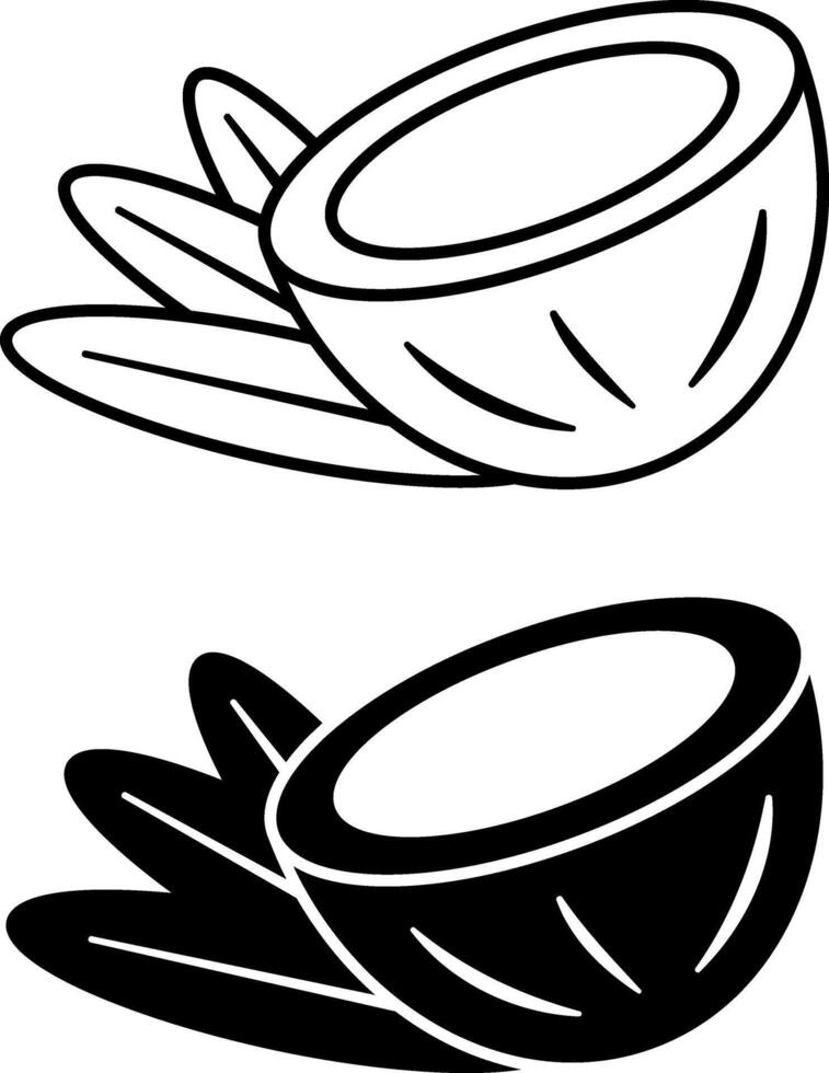 Coconut icons. Black and White Icons of Coconut with Leaves. Summer and Vacation Concept vector