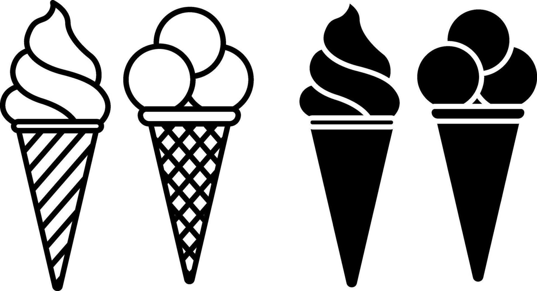 Ice cream icons. Black and White Icons of Delicious Ice Cream in a Waffle Cup. Sweet Dessert. Summer Concept vector
