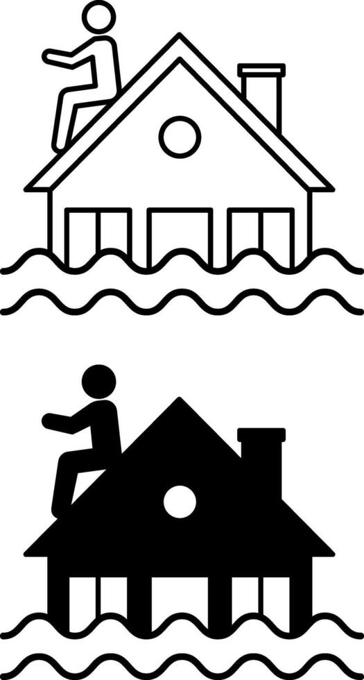 Flooding Icons. Black and White Icons. Man Saves Himself From Flood On Roof Of His House. Environmental Problem. Climate Change Concept vector
