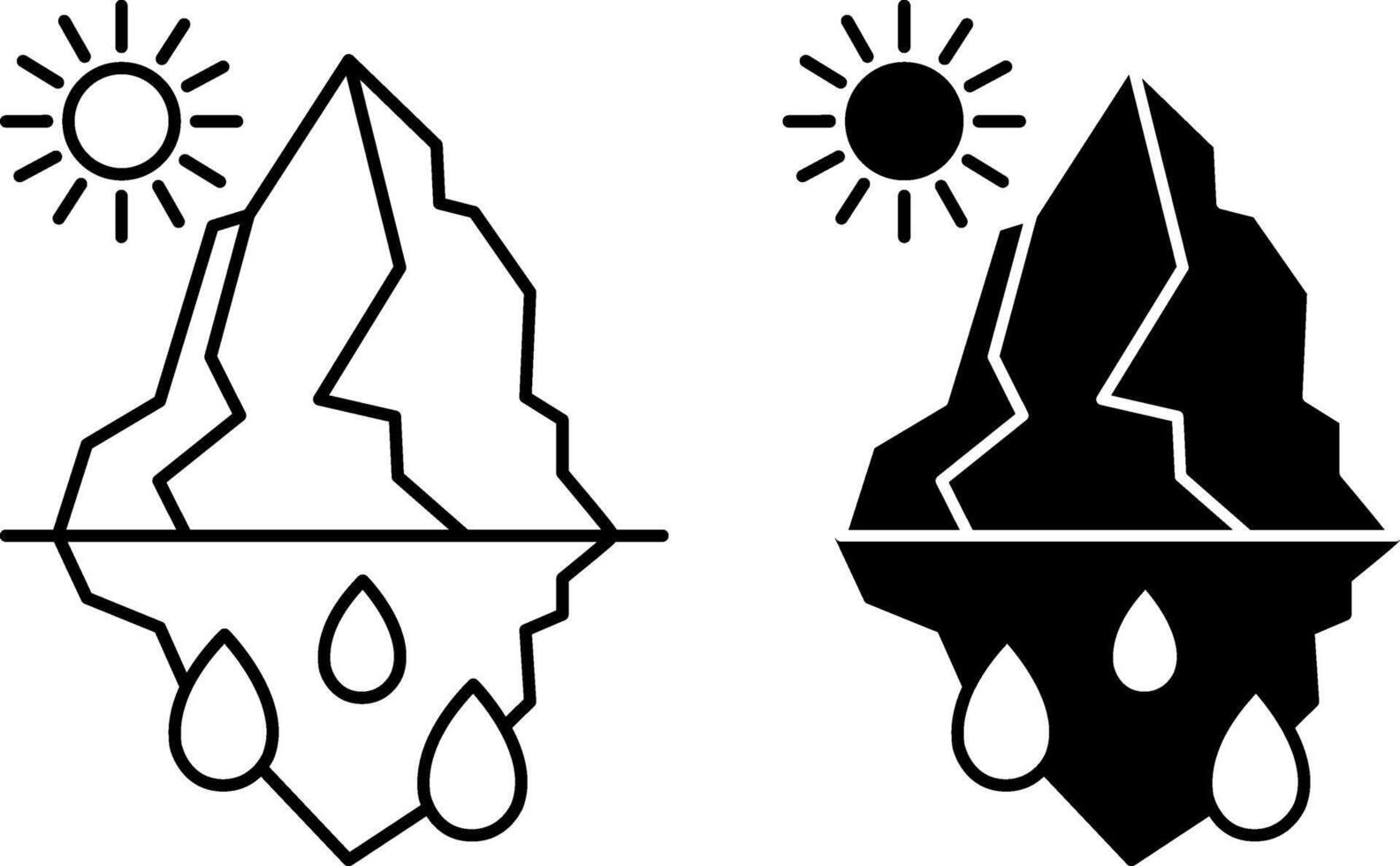 Ice Melting Icons. Black and White Icons. Sun and Melting Glacier. Global Warming. Ecological Problem. Climate Change Concept vector