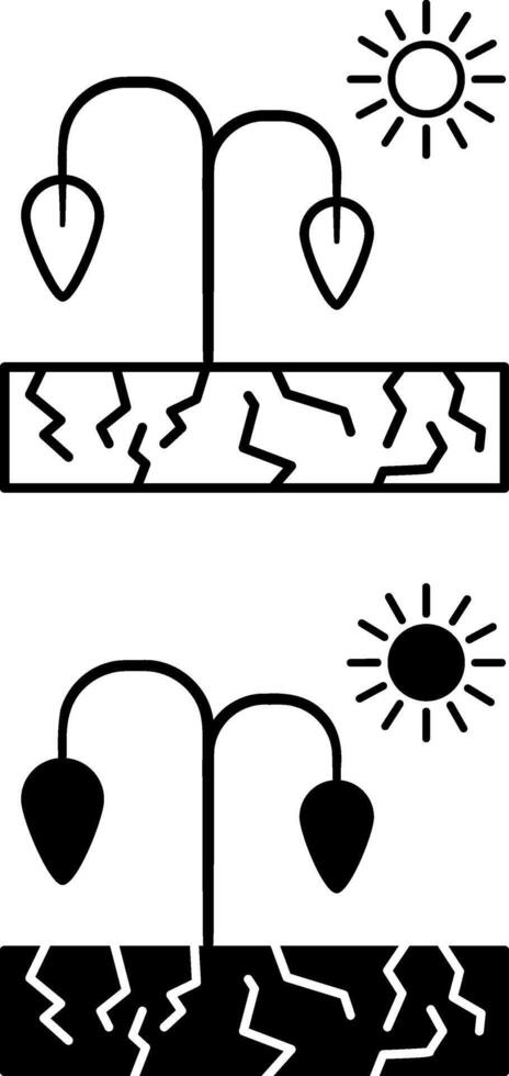Drought Icons. Black and White Icons. Sun and Wilted Plants on Dry Land. No Water. Ecological Problem. Climate Change Concept vector