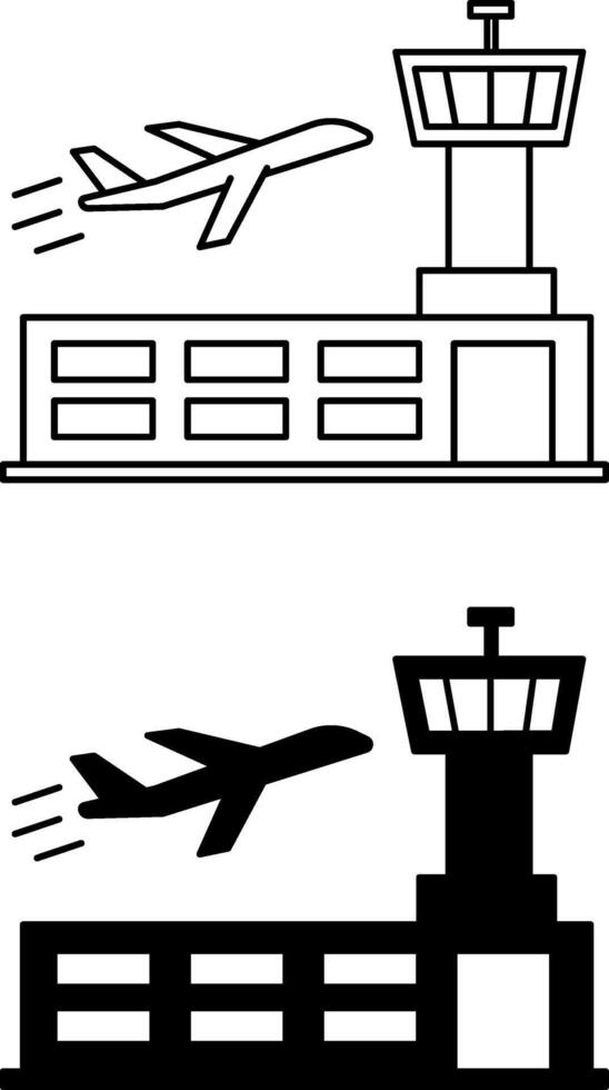 Airport icons. Black and White Icons. Airport building and airplane taking off. Travel and Vacation Concept vector