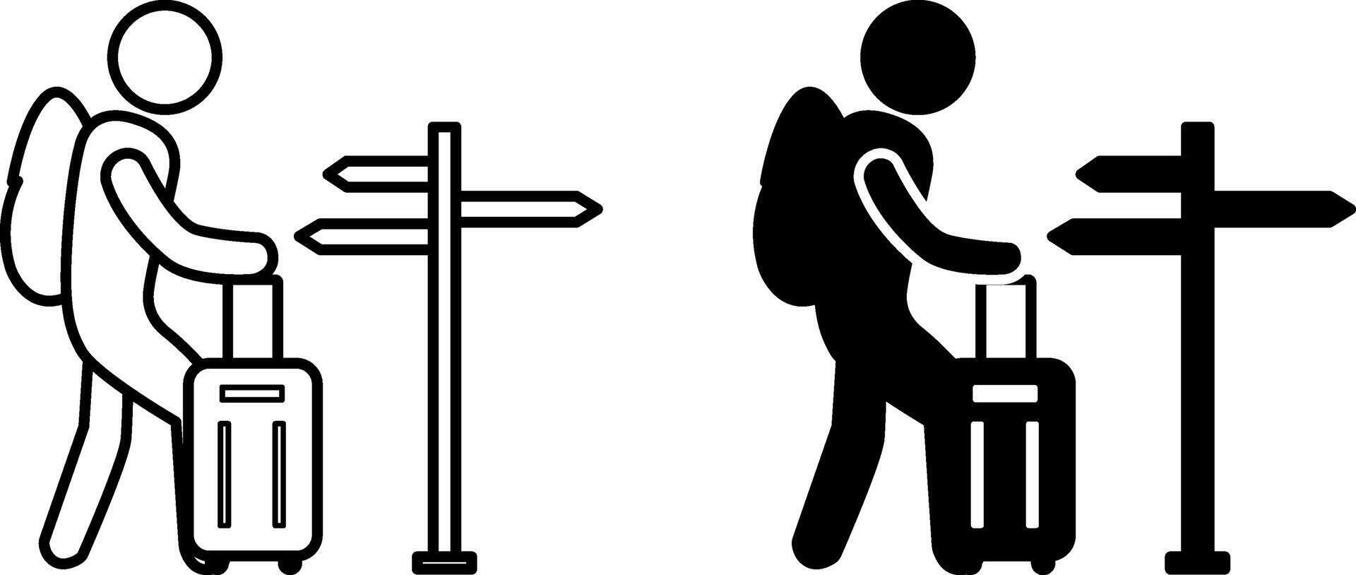 Tourism icons. Black and White Icons. A Man with a Backpack and a Travel Bag Looks at the Road Signs. Travel and Vacation Concept vector