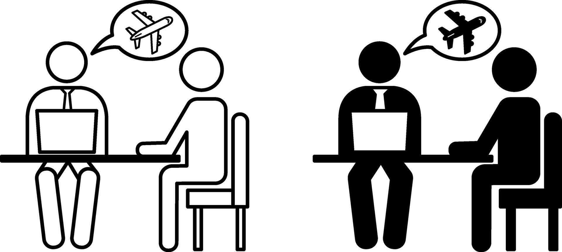 Travel Agent icons. Black and White Icons. Seated Client, Travel Agent with Laptop and Airplane. Travel and Vacation Concept vector