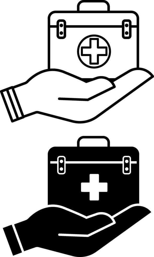 Treatment Icons. Black and White Icons. First Aid Kit in Human Hand. Health and Medicine Concept vector