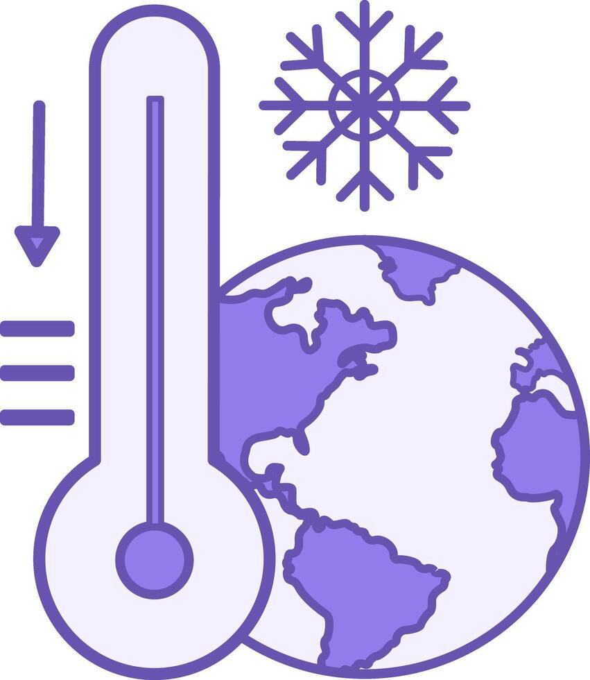 Colored Icon Temperature Decrease. Icon. Snowflake, Planet Earth, and Thermometer with Down Arrow. Cold Season. Climate Change Concept vector