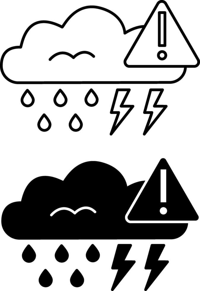 Extreme Weather Icons. Black And White Icons. Rain Cloud And Danger Sign. Storm Warning. Ecological Problem. Climate Change Concept vector