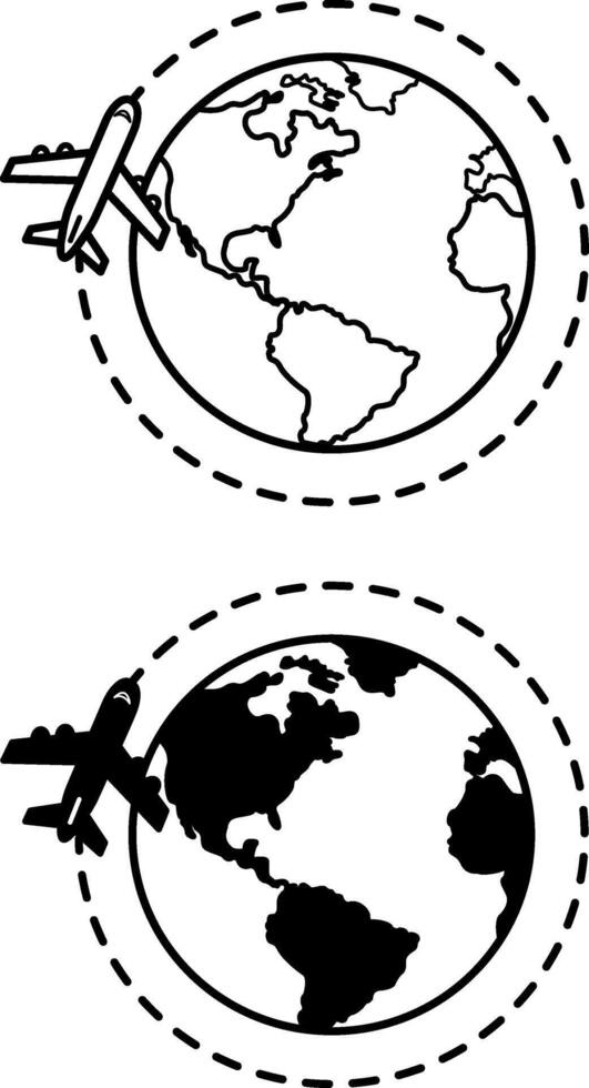 Travel icons. Black and White Icons. Concept of the Globe and a Flying Airplane Around It vector