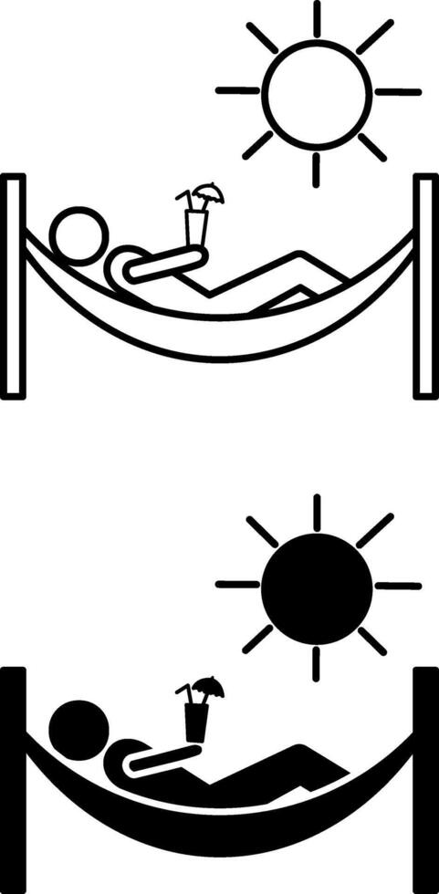 Holiday icons. Black and White Icons. Man Relaxing in a Hammock with a Drink under the Scorching Sun. Travel and Vacation Concept vector