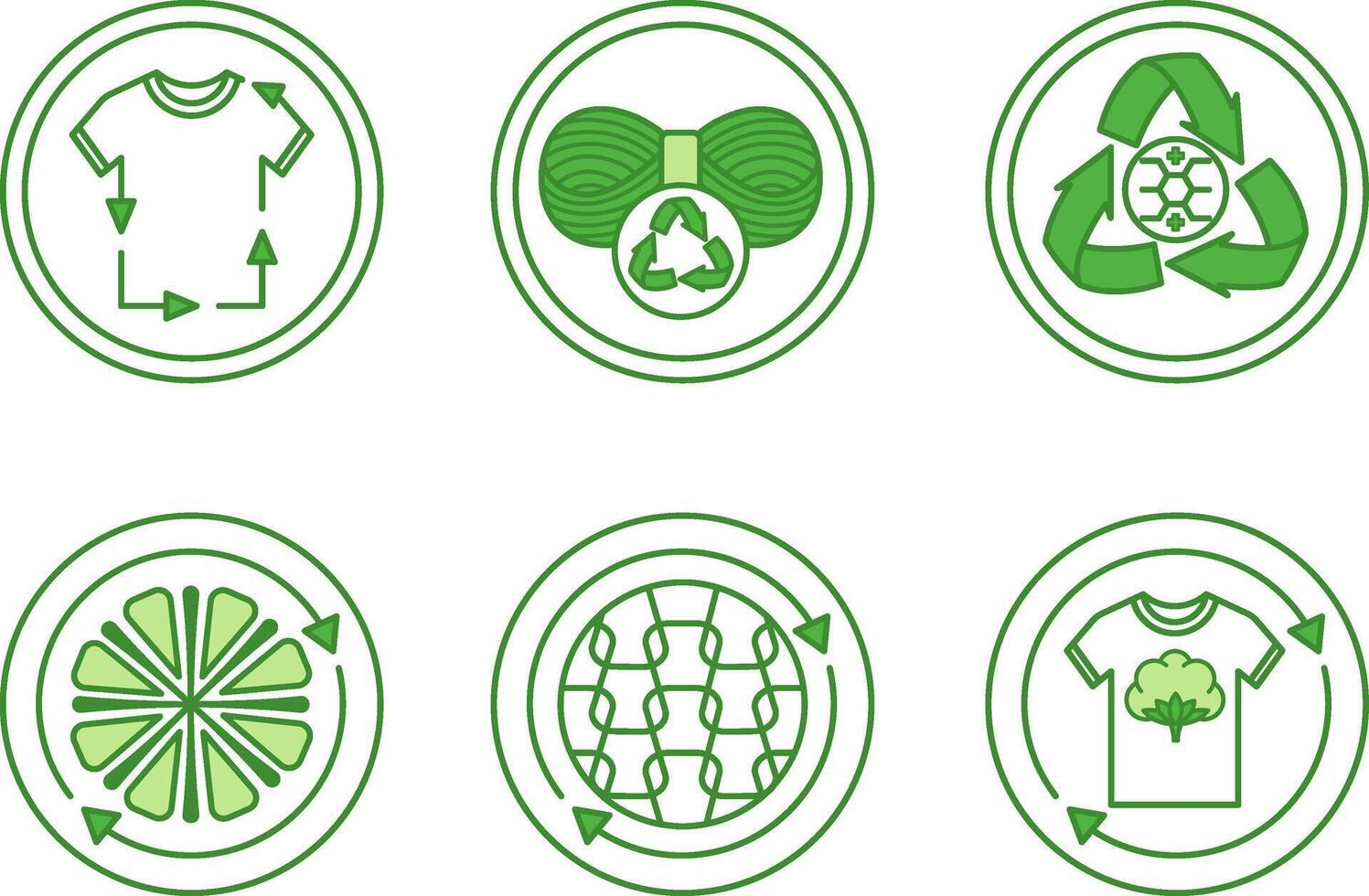 Green Icons of Recycled Textile Fibers. Labels, Tags for Packaging. Recycled Textiles, Wool, Polyester, Microfiber, Nylon and Cotton. Fabric Concept vector