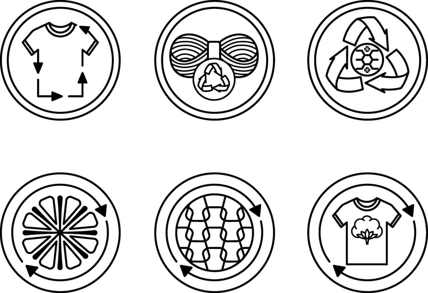 Recycled Textile Fiber Icons. Labels, Tags for Packaging. Recycled Textiles, Wool, Polyester, Microfiber, Nylon and Cotton. Fabric Concept vector