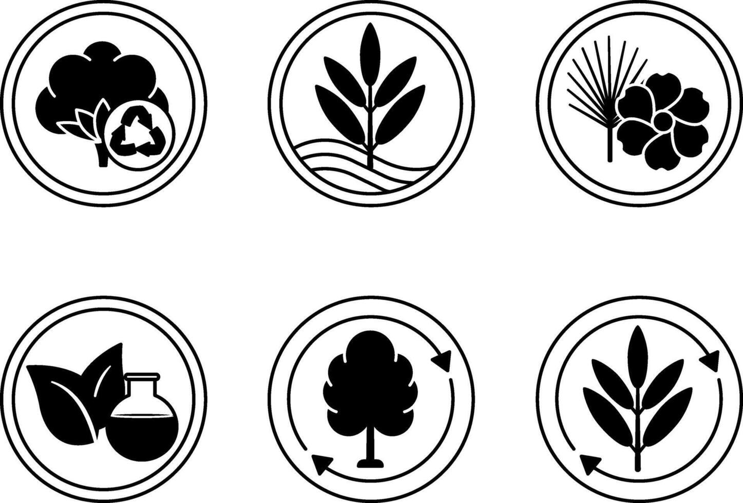 Black Icons of Textile Fibers on a Natural Basis. Labels, Tags for Packaging. Recycled Cotton, Modal Fabric, Rayon, Cupro, Viscose, Lyocell. Natural Fabric Concept vector