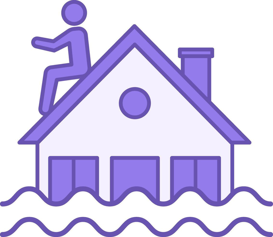 Flooding Color Icon. Man Escaping from Flood on the Roof of His House. Environmental Issue. Climate Change Concept vector