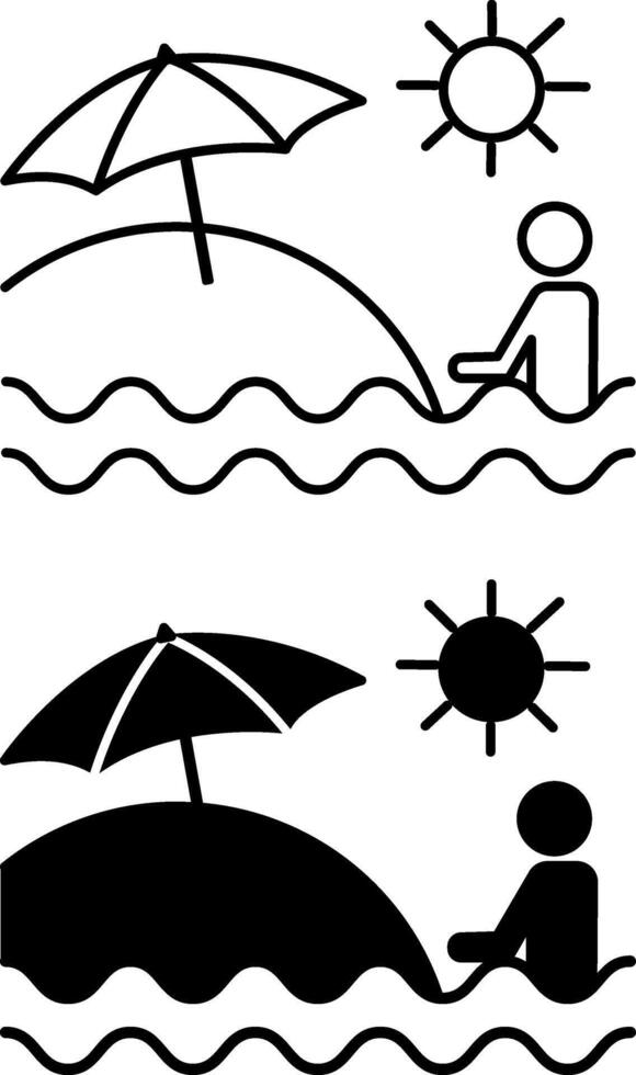 Summer icons. Black and White Icons. Tourist Swims in the Sea, Beach, Beach Umbrella, and Sun. Travel and Vacation Concept vector