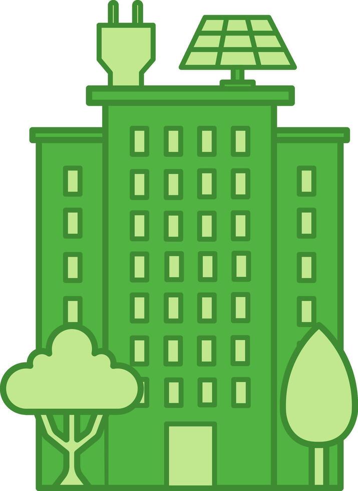 Colored Green City Icon. Icon of a Multi-Storey House with Solar Panels and Trees. Ecology and Environmental Protection Concept vector