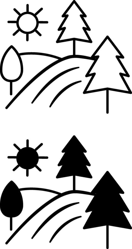 Landscape Icons. Black and White Icons. Hills with Trees and Sun. Travel and Vacation Concept vector