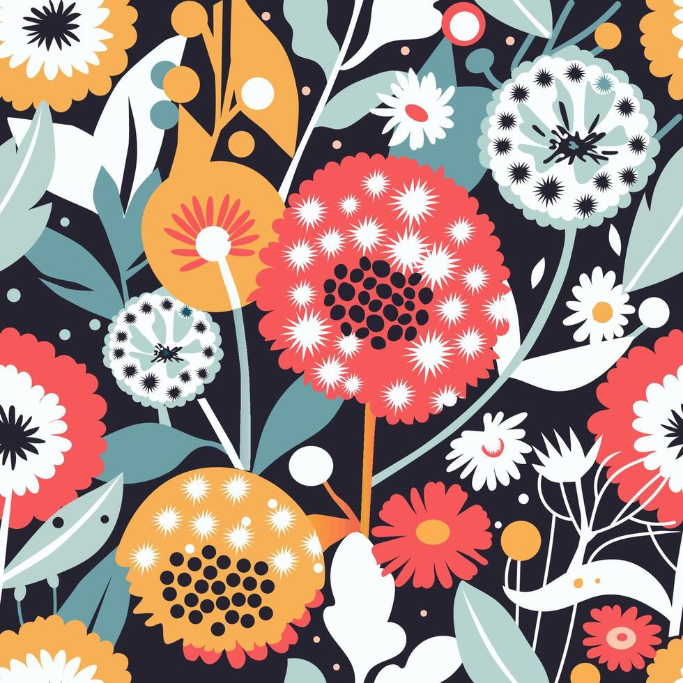 bright flowers on a dark background pattern vector
