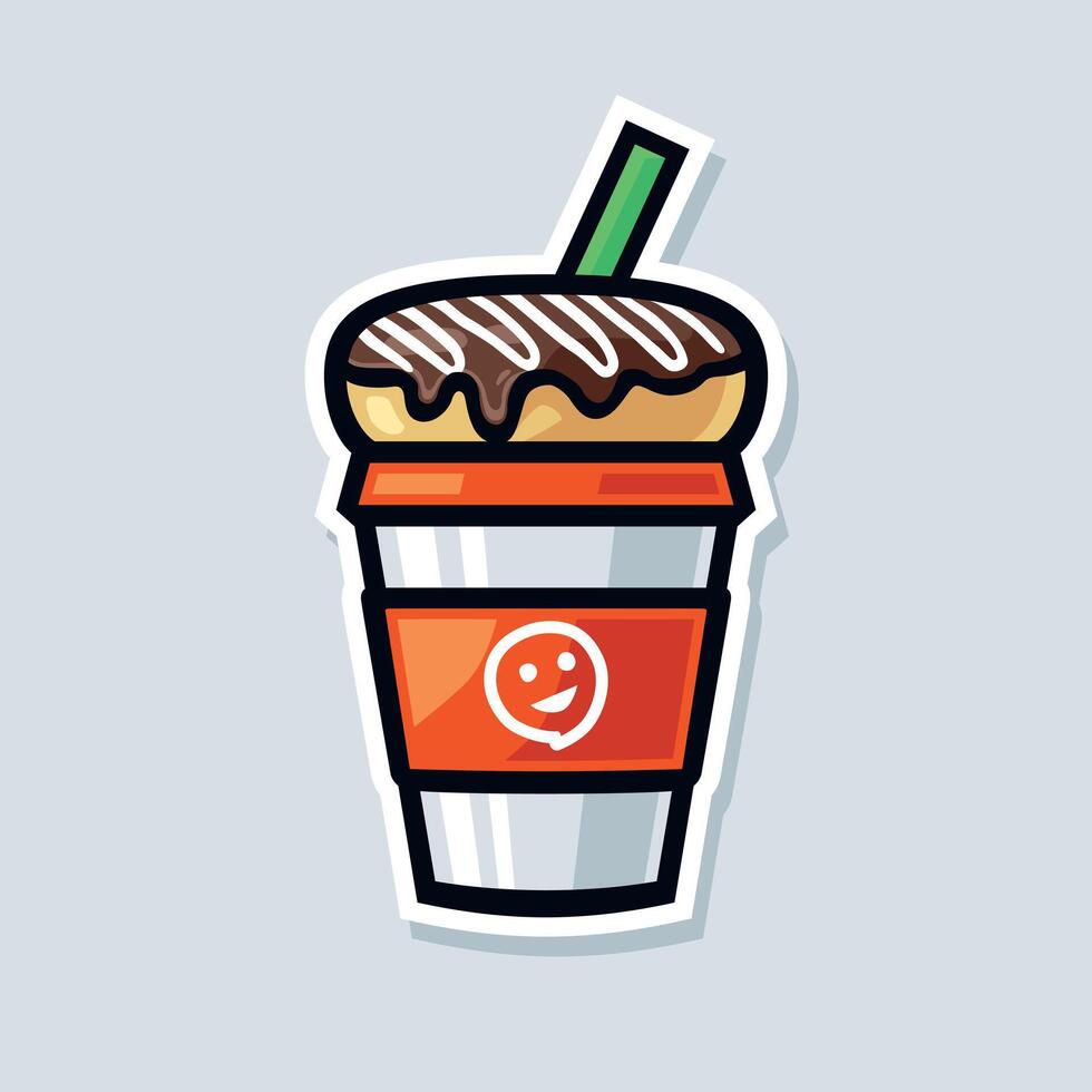 Donuts on disposable cup drinks illustration template. Can be used for labels, signs, or advertisements. Delicious food with beverages sticker design. vector