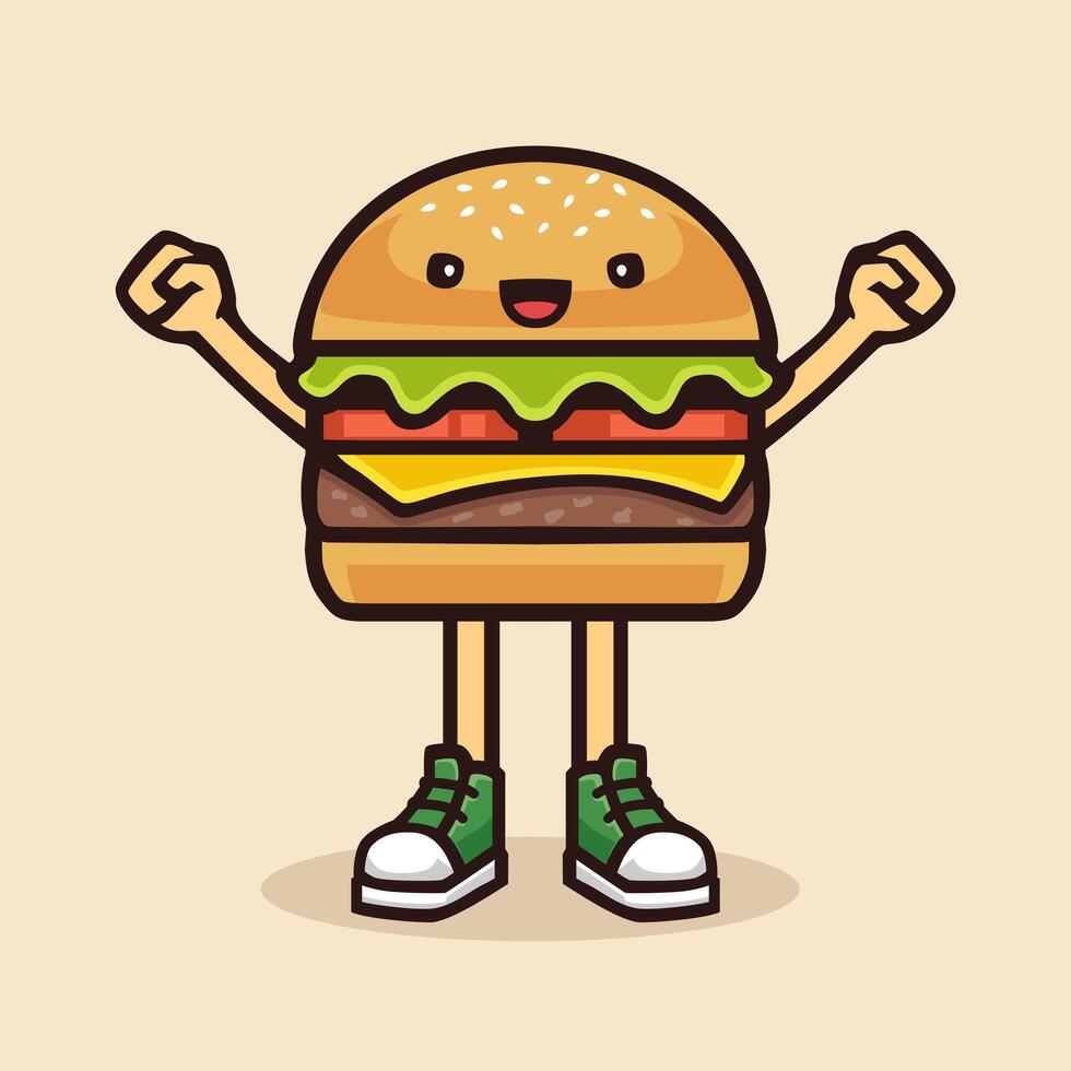 Cute Burger character illustration. Can be used for labels, advertisements, or signs. Delicious fast food cartoon sticker design. vector