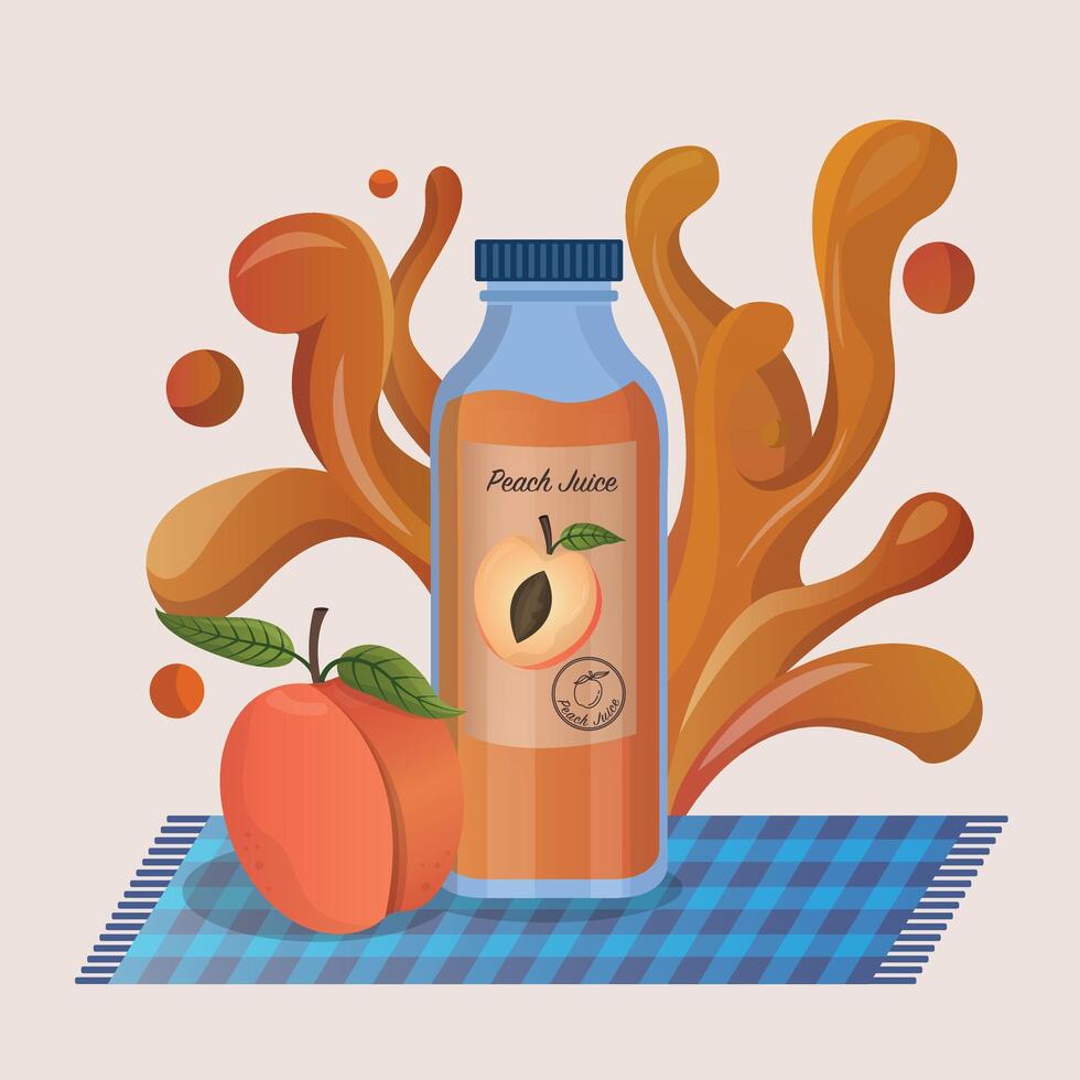 Fresh peach juice in glass bottle concept. Peach drop on juice splash and ripple vector