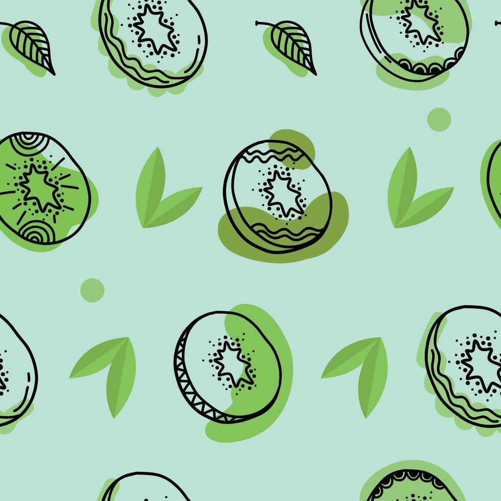 Kiwi fruit seamless pattern. Kiwi in cartoon and hand drawn style repeated backdrop. Whole fruit and cut half. Food template for background, textile, wrapping paper, wallpaper vector