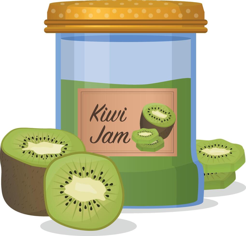 Kiwi jam in a jar. Kiwi confiture. food illustration in cartoon style. Breakfast. illustration vector