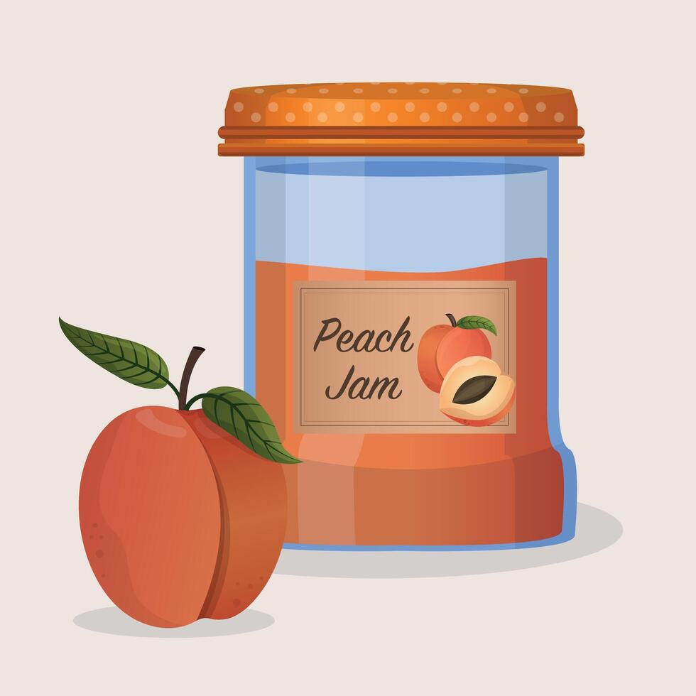 Peach jam in jar. Peach confiture. food illustration in cartoon style. Breakfast vector