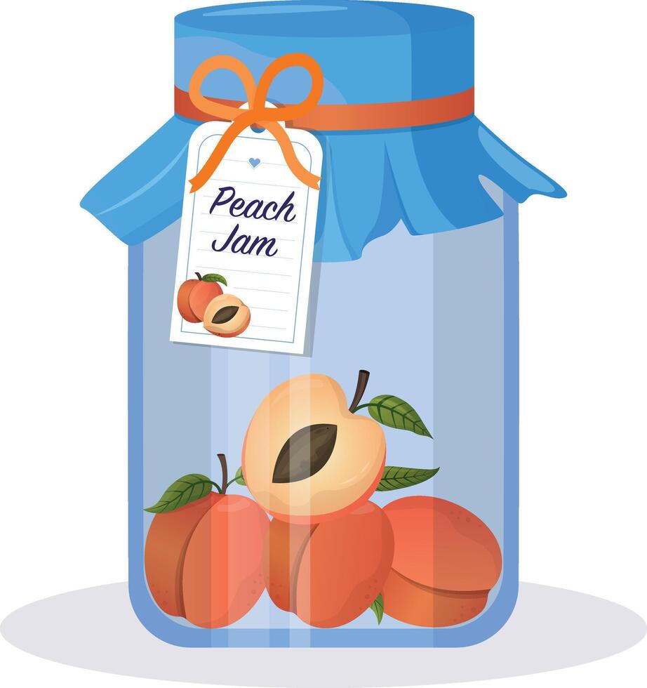 Jar with peach jam. Homemade peach jam in a glass jar. flat cartoon illustration. White background, isolated. illustration vector