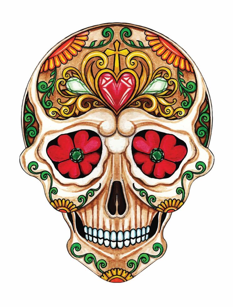 Fancy sugar skull and vintage art day of the dead design by hand drawing on paper and make graphic . vector